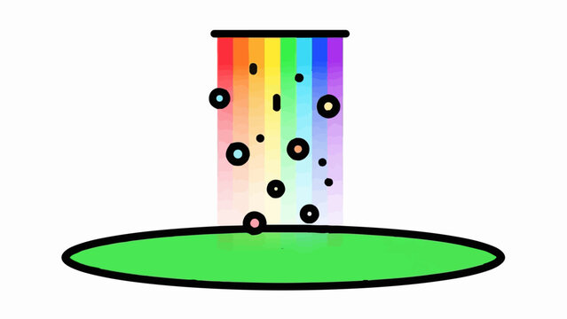 A colorful, abstract cascade of light falls onto a green oval surface