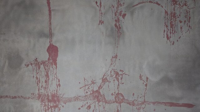 Aged wall with red paint splatters and stains. Abstract and weathered surface. Grungy background with peeling paint and irregular marks.