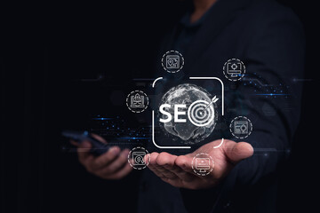 A person in a suit holds a hand out, displaying a digital representation of SEO with global icons and data analytics elements.