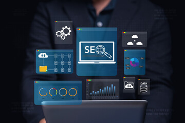 A person in a dark suit holds a laptop displaying various SEO-related graphics and data analytics, emphasizing digital marketing strategies.