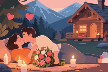 Couple kissing on blanket in snowy mountain at sunset with candles, bouquet, and cozy cabin.