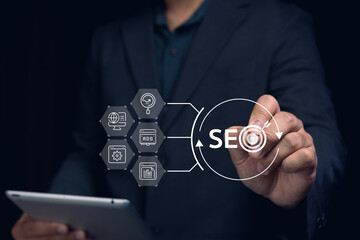A professional person interacts with a digital interface focused on SEO strategies using a tablet, emphasizing modern marketing techniques.