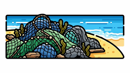 A colorful beach scene with weathered fishing nets and rocks under a blue sky © baseng