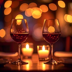 Two Red Wine Glasses and Candles on Table with Bokeh Lights Background