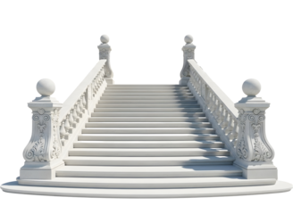 Ornate white staircase with railings isolated on transparent background