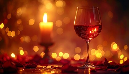 Romantic Setting with Red Wine Glass Candlelight and Bokeh Background