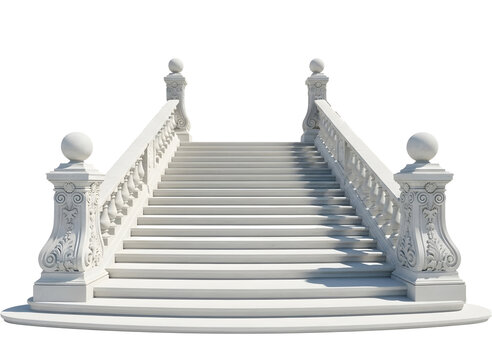 Ornate white staircase with railings isolated on transparent background