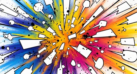 A vibrant and dynamic illustration of a colorful explosion with speech bubbles and text fragments.