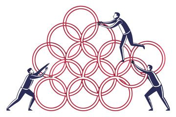 Creative teamwork concept shown by overlapping abstract human figures made from circles and lines