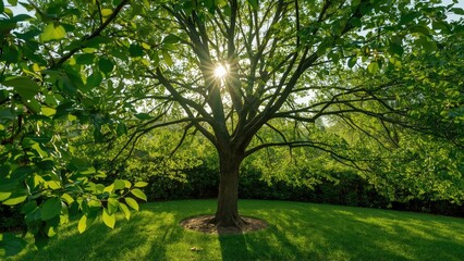 Fototapeta premium A tree with sunlight shining through its branches in a lush green environment. Nature and environment, concept. Trees and sunlight. The idea of growth and natural sunlight.