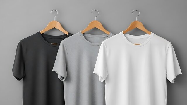 Three short sleeve crew neck t shirts on wooden hangers in black gray and white t-shirts