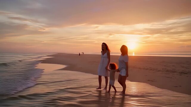 Happy same sex family walking together on beach at sunset