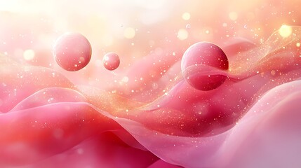 Soft pink ethereal spheres float above shimmering waves of translucent fabric and golden glitter