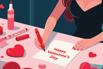 Person writing &ldquo;Happy Valentine&rsquo;s Day&rdquo; on paper with red marker at pink table with heart decor.