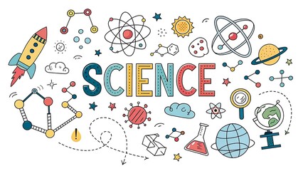 Vibrant science illustration with colorful icons and symbols