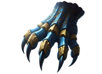 Blue and gold claw with sharp nails on white isolated on transparent background