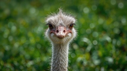 A close-up of an ostrich's face with a blurred green foliage background.