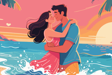 Couple kissing in ocean at sunset with tropical background, waves, bouquet, and warm romantic light.