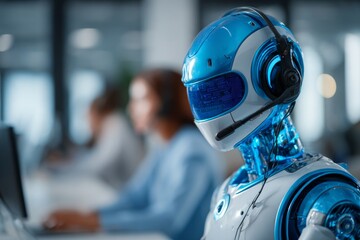Futuristic robot with blue accents wearing headset provides customer service support in modern office, blending artificial intelligence and human teamwork for efficient communication