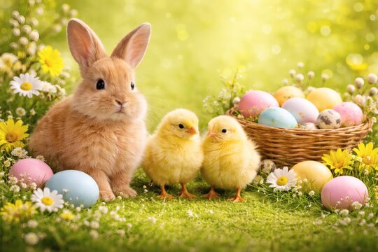 Rabbit sitting on grass with two chicks and painted eggs arranged in a basket and on the ground.