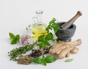 mortar with herbs and spices