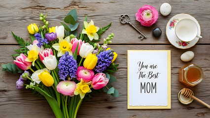 Colorful spring bouquet with tulips daffodils hyacinths and a card spring, mother's day