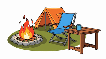 A colorful cartoon depicts an orange tent, blue chair, wooden table with a blue mug, and a campfire
