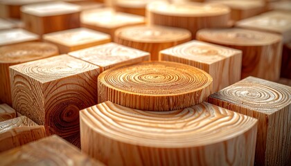 Geometric Wood Block Arrangement Featuring Squares and Cylinders