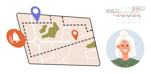 Obraz premium Navigation tools, user tracking, personal safety, data monitoring, geolocation services, trip planning. Visual elements include a map with pins, an activity graph and a user profile. Navigation