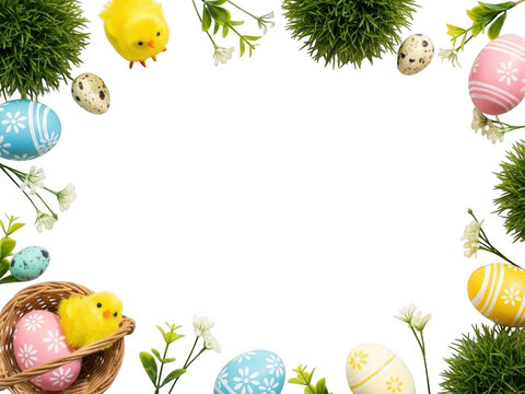 Easter eggs and chick border with copy space isolated on transparent background