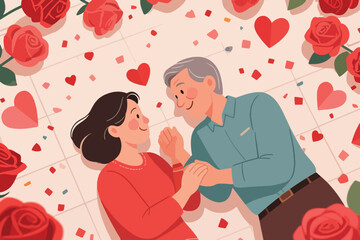 Elderly couple lying on floor holding hands surrounded by roses, hearts, and confetti in romantic scene.