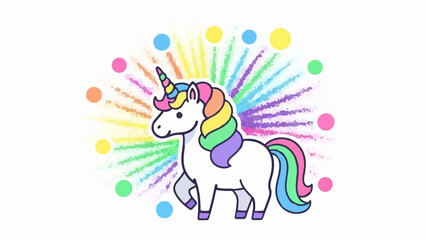 A cheerful cartoon unicorn with rainbow mane and tail prances amidst colorful starbursts and dots © tuek
