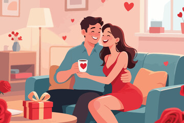 Couple sitting close on teal couch with heart mug, gift, and roses in cozy romantic living room.