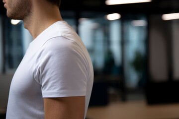 Discover premium quality men's white t-shirt in modern office setting. Perfect for stylish comfort and professional versatility.