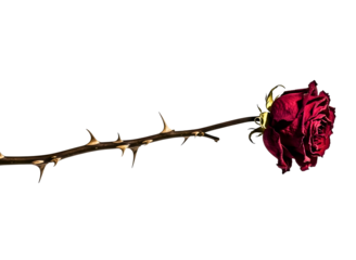 Withered red rose on thorny stem isolated on transparent background