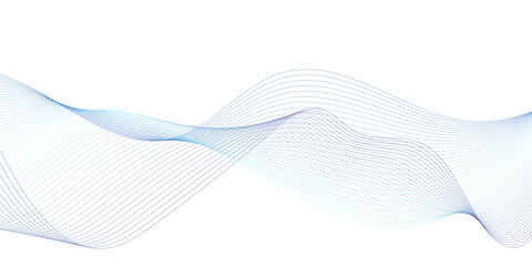 Modern abstract blue wave design on white background with smooth flowing curved lines, transparent smoky motion, and elegant technology-inspired sound frequency vector style