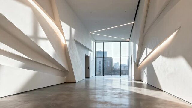 Contemporary hallway featuring drywall with layered angular shapes producing a sculptural effect and enhancing spatial perception.