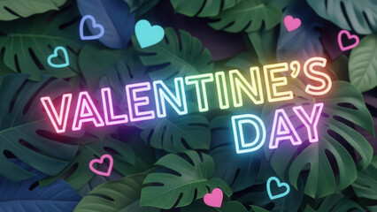 Neon Valentine Day Sign Glowing with Hearts and Tropical Leaves Background