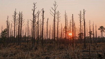 A barren forest with tall, leafless trees at sunset.