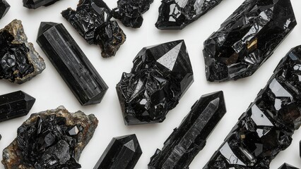 Black mineral crystals with rough and polished surfaces, arranged on a white background. Mineral specimens and geological samples. Natural stones and crystals.