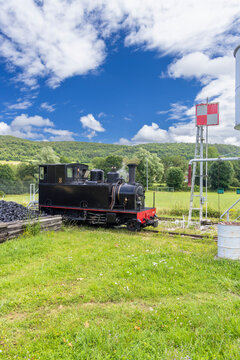 Vintage steam locomotive stopped on railway track, Bligny sur Ouche France