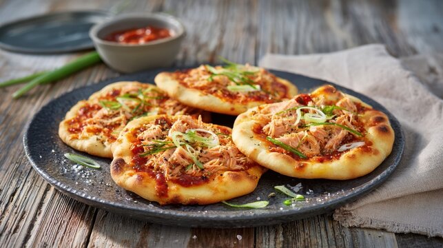 Rustic mini flatbreads topped with tuna, tomato sauce, and green onion, styled on a ceramic platter with natural side lighting for authentic homemade food photography.