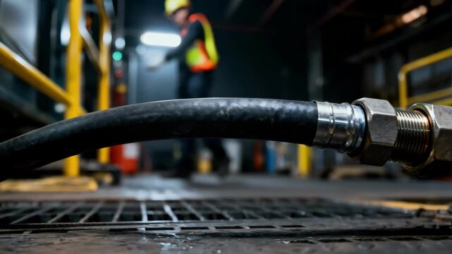 Medium shot focusing on sealing fittings tightly connecting conduits demonstrating leakproof protection in volatile work areas.