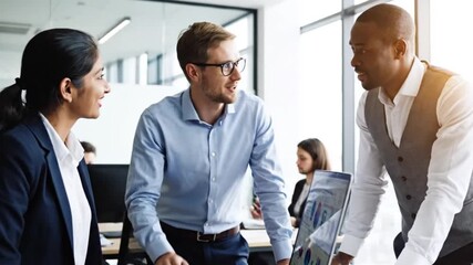 Diverse business team collaborating on financial data charts on laptop in modern office meeting - Powered by Adobe