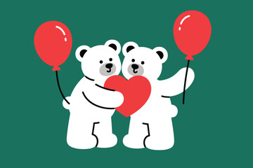 Two cartoon white bears holding red balloons and big heart on green background in romantic scene.