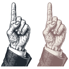 A man's hand in a suit points up with the index finger. Vintage vector illustration in a classic hand-drawn, engraving or woodcut style. Set of two.