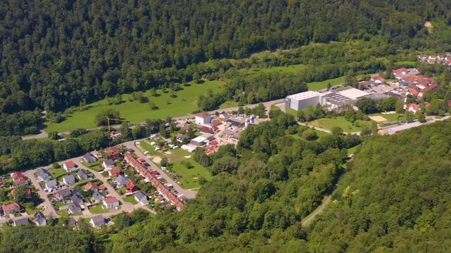 Aerial view around the city Lichtenstein in Germany on a sunny day in Summer.