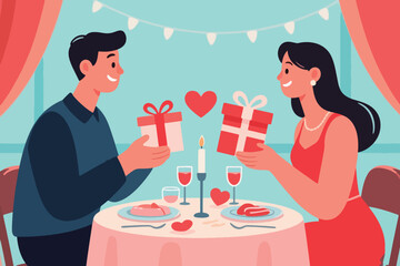 Couple exchanging gifts at romantic dinner table with candlelight, heart decor, and festive ambiance.