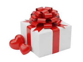 Obraz premium White gift box with red ribbon and hearts isolated on transparent background