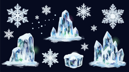 Collection of Ice Formations and Snowflakes on a Dark Background
